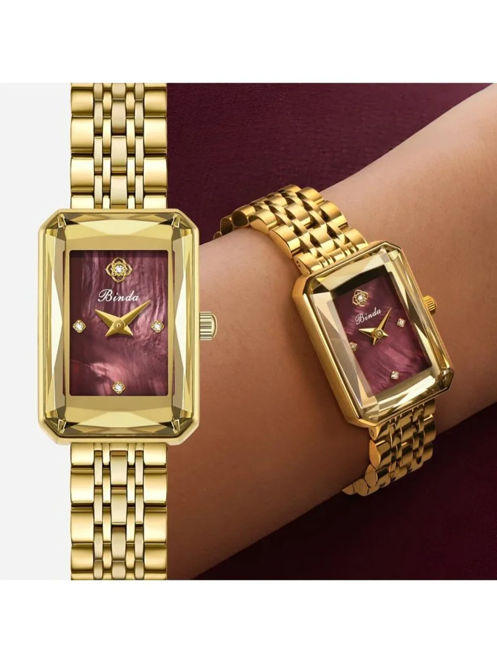 Women's Gold Burgundy Vintage Rectangular Case Stainless Steel Band Wrist Watch